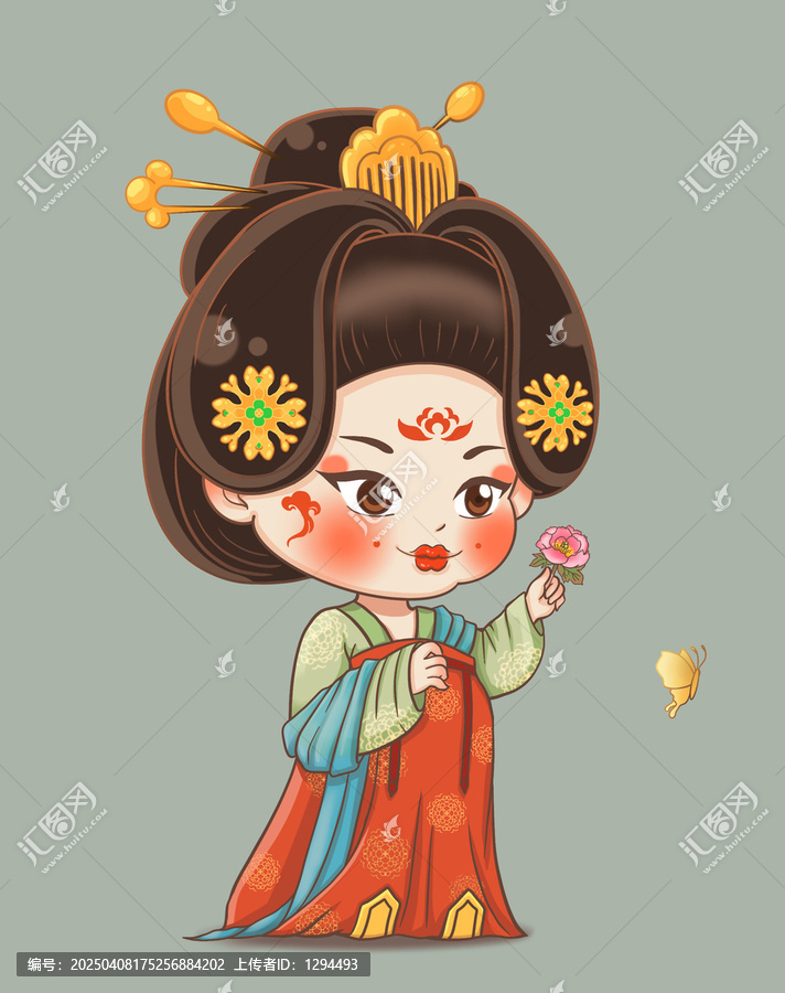 唐朝仕女手拿芍藥賞花手繪插畫