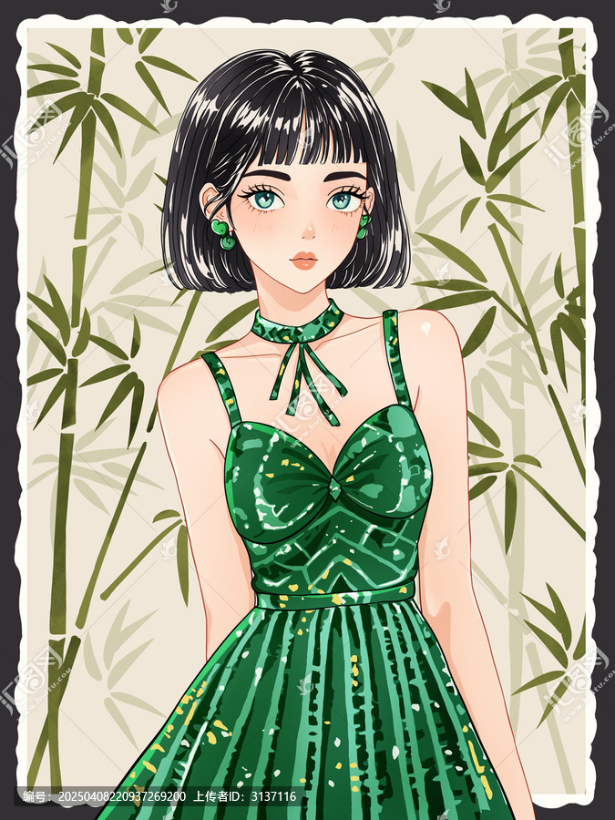 手繪竹林少女