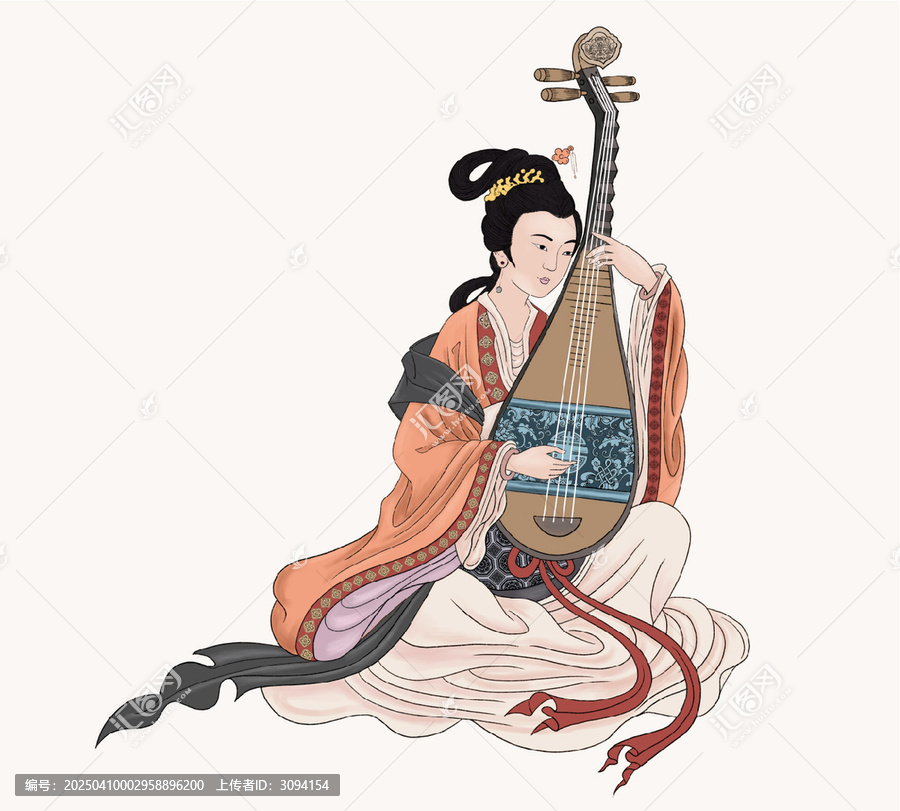 彈琵琶仕女手繪插畫
