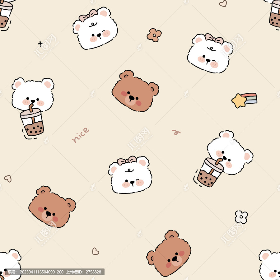 卡通呆萌可愛小熊四方連續(xù)滿印圖案