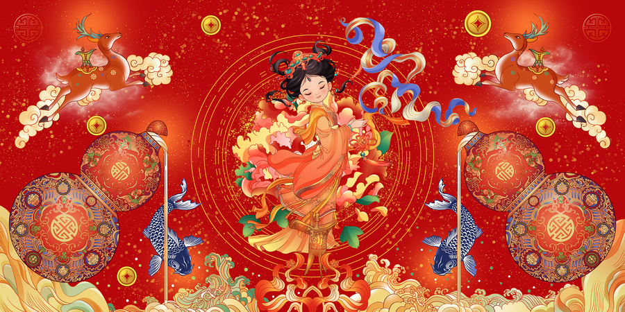福祿連綿年年有魚祈福插畫
