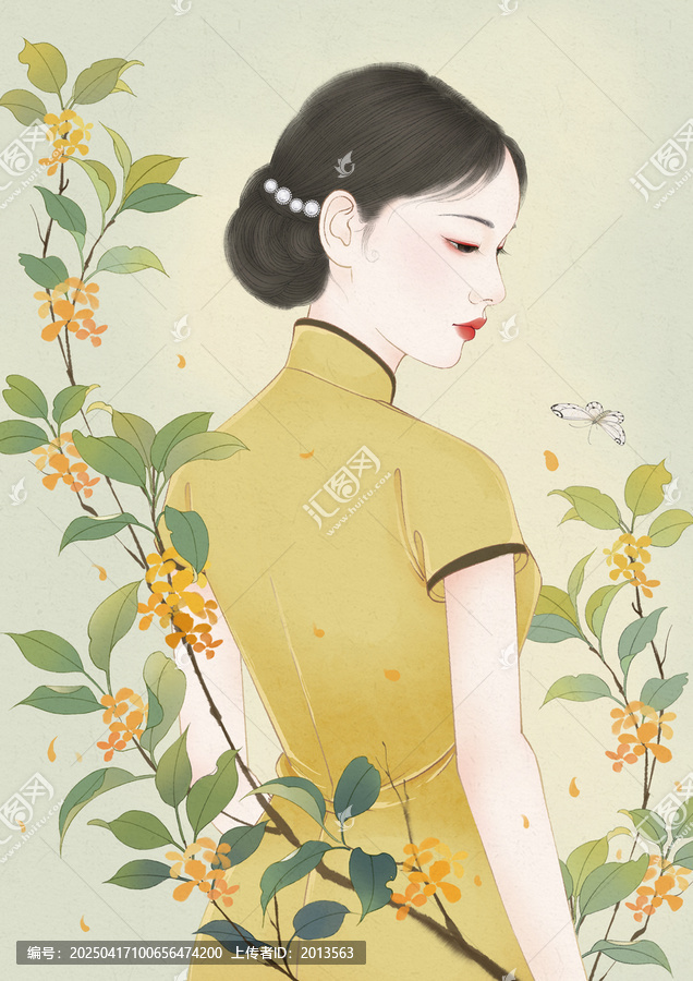 桂花旗袍女孩插畫