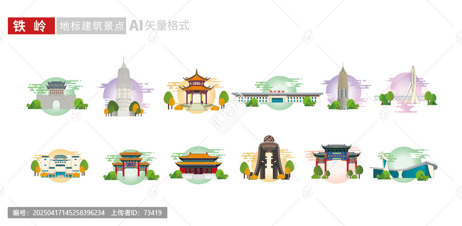 遼寧鐵嶺市地標建筑矢量插畫素材