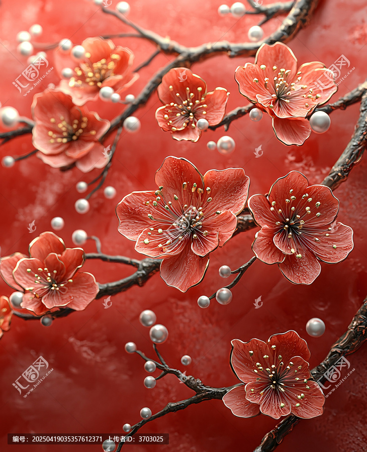 紅底桃枝珍珠圖
