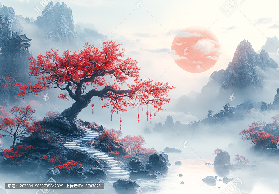 雪山月下樹影