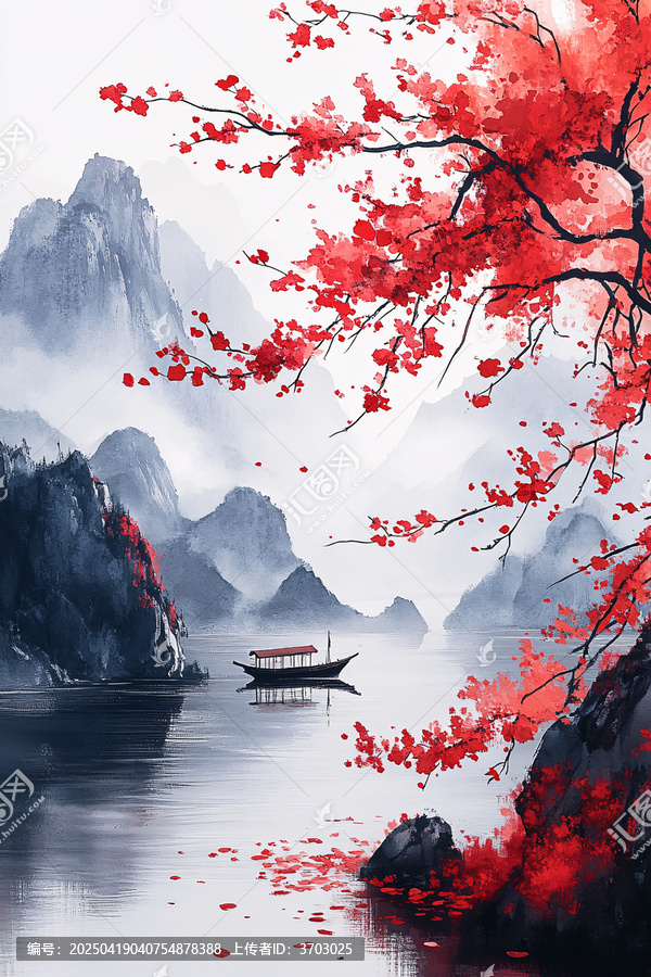梅花蓮花山水畫