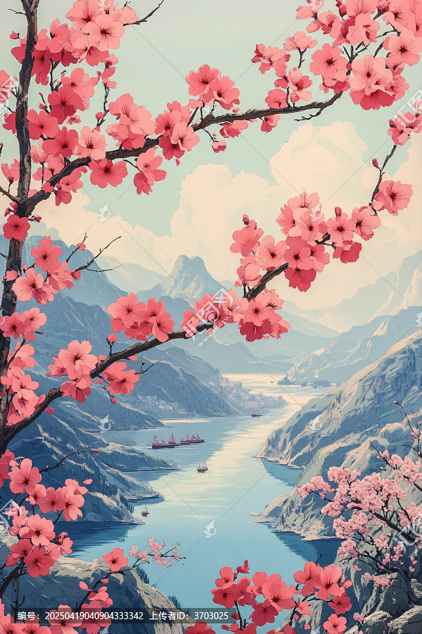 櫻花山水剪紙圖