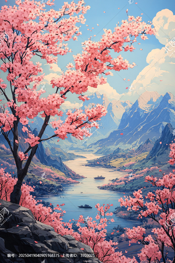 櫻花山水剪紙圖