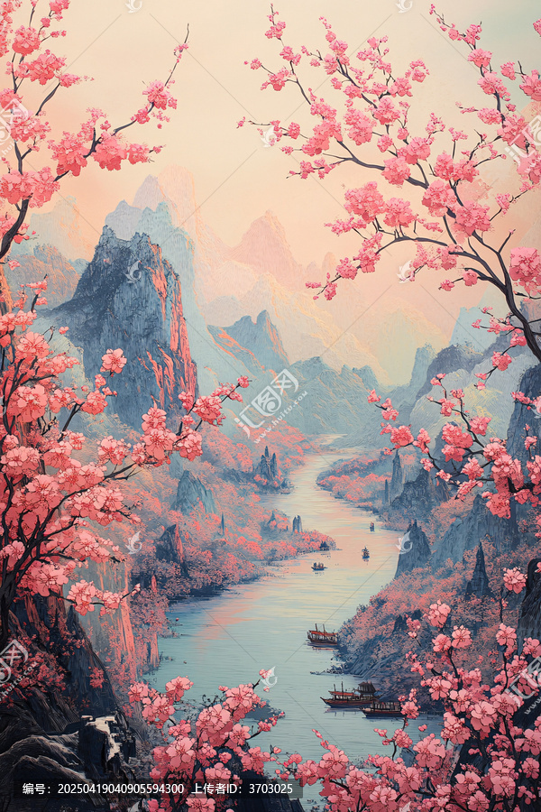 櫻花山水剪紙圖