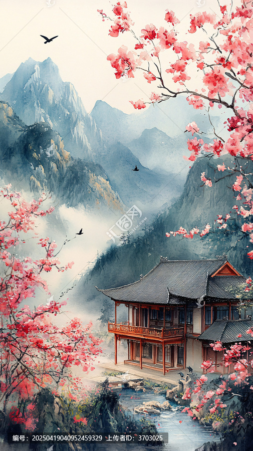 山水桃林亭臺(tái)流水