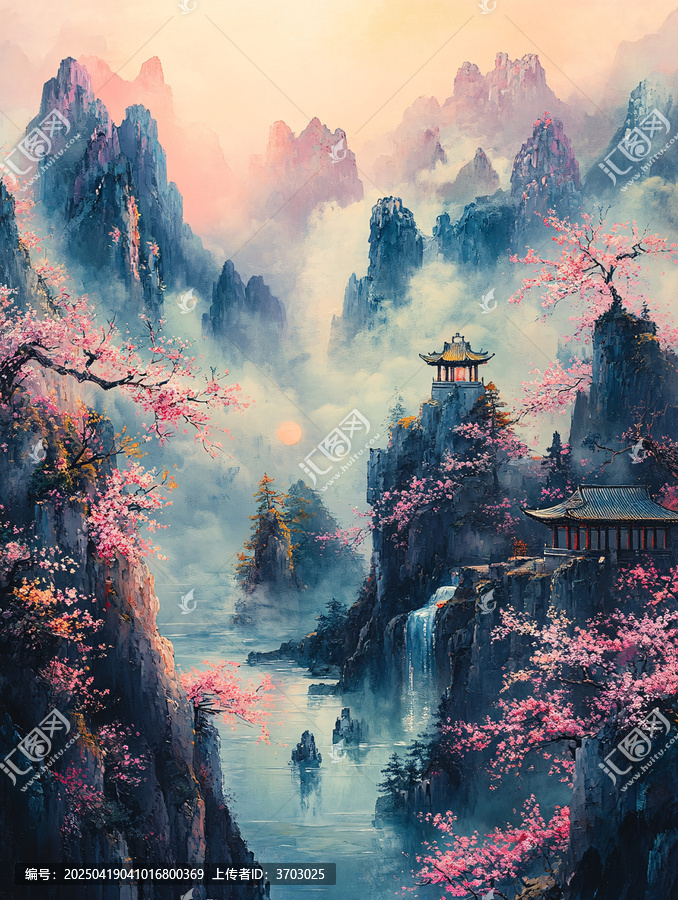 彩色山水月夜圖