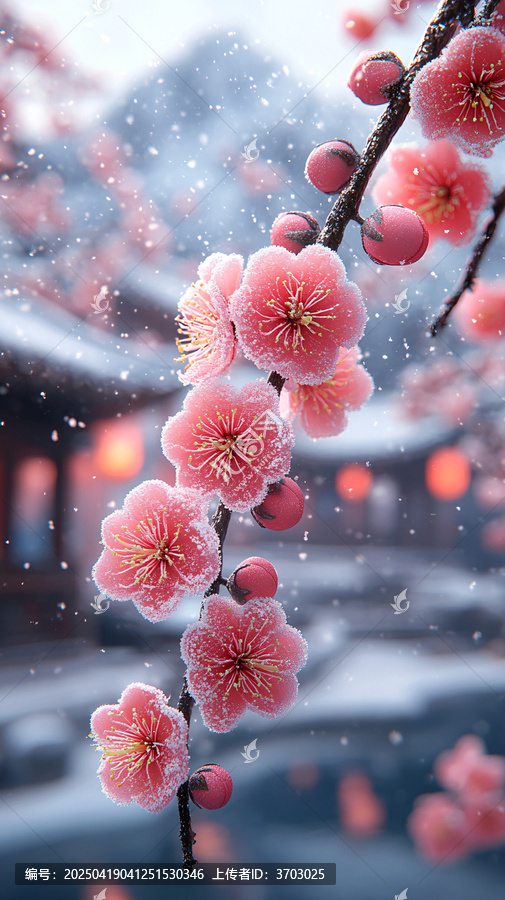 雪中梅花湖景