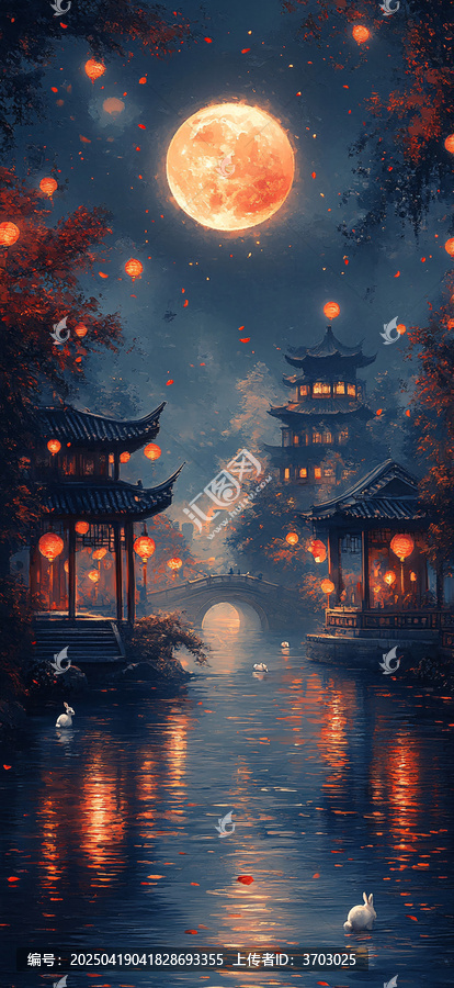 金色月亮與河邊景象