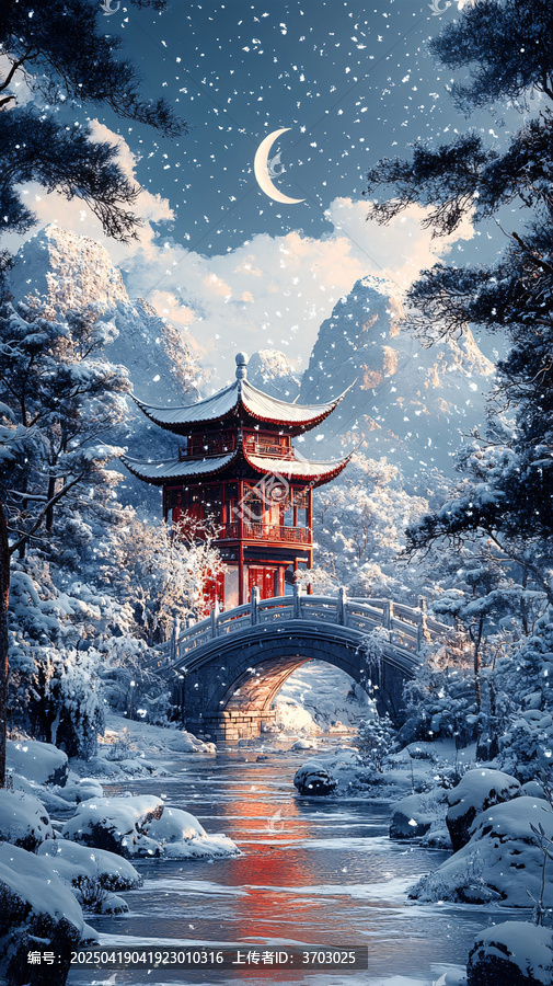 雪景月下古亭橋