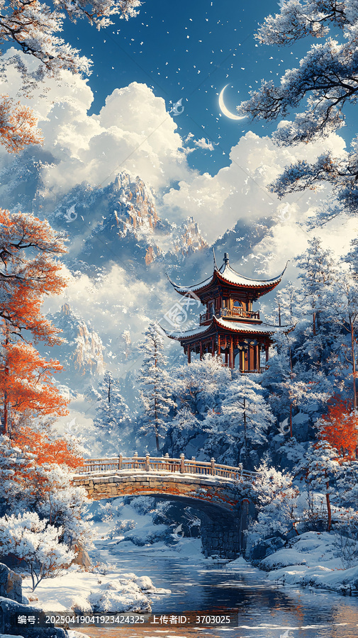 雪景月下古亭橋