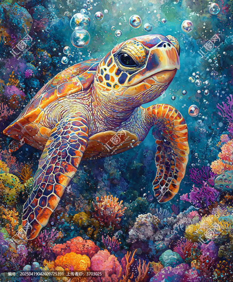 海龜與珊瑚水彩畫
