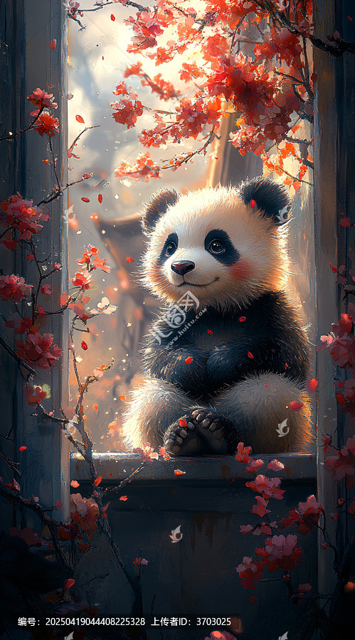 熊貓窗臺賞花圖