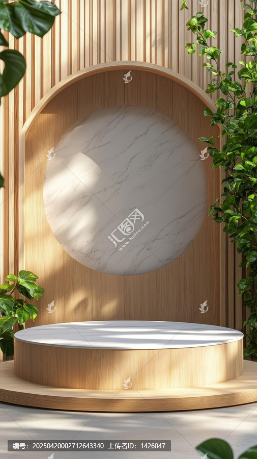 木質展示臺與圓形大理石背景