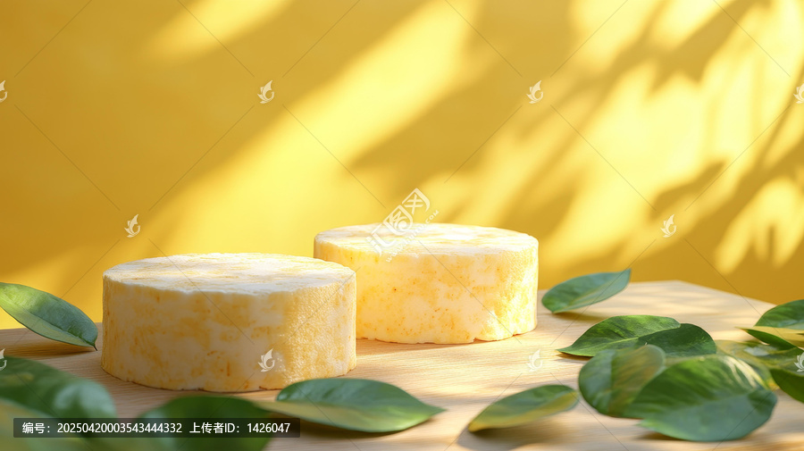 黃色產(chǎn)品展示臺(tái)與綠葉