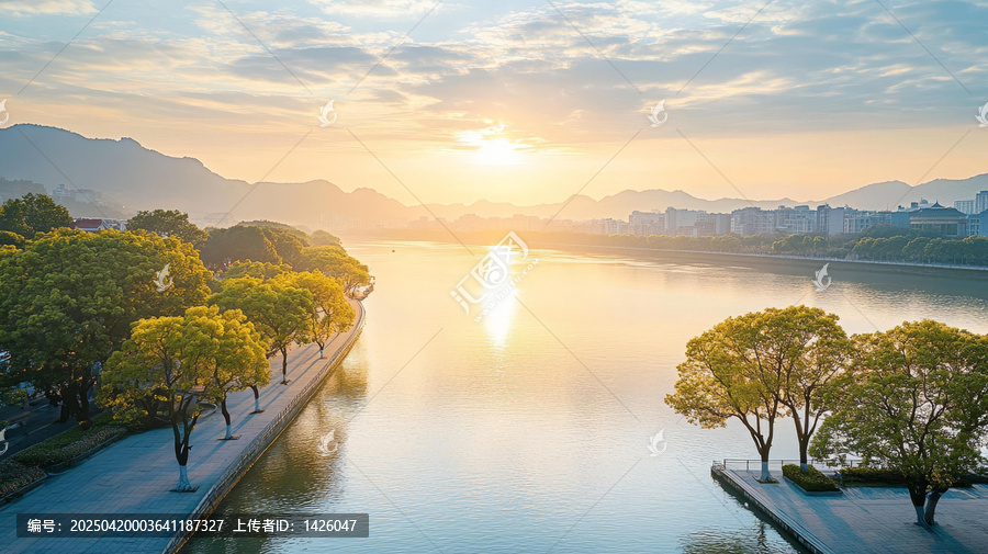 城市河畔公園日出美景