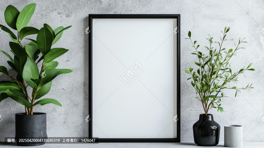 空白畫框擺放綠植的室內(nèi)場(chǎng)景