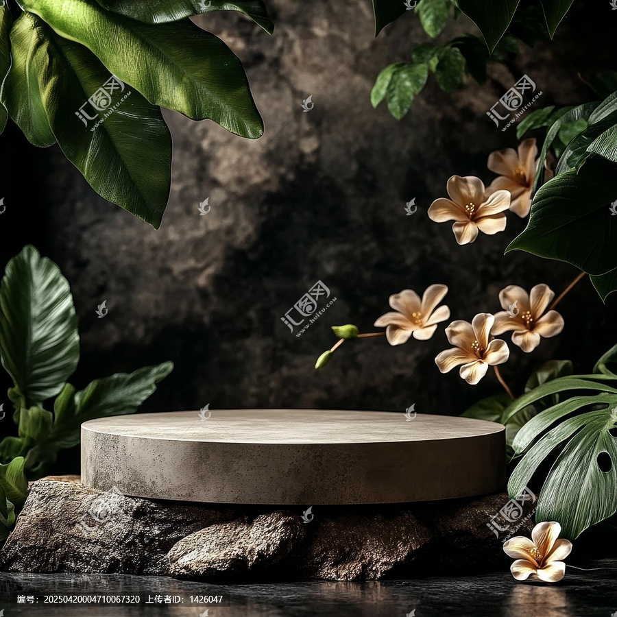 植物花卉背景上的空置展示臺