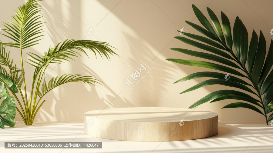 自然木質(zhì)展示臺(tái)與熱帶植物
