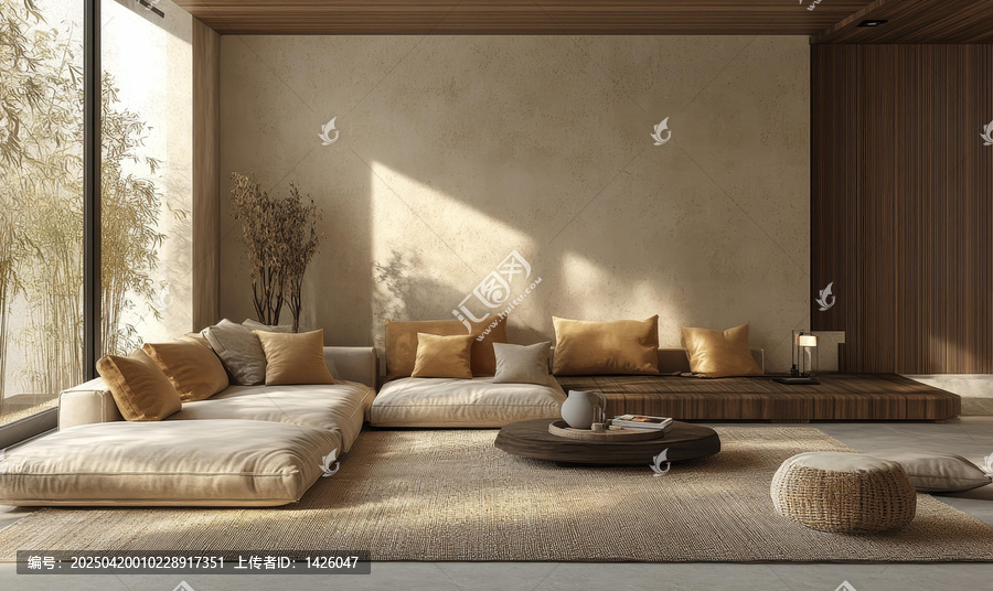 現(xiàn)代極簡(jiǎn)風(fēng)格客廳設(shè)計(jì)，米白色沙發(fā)與木質(zhì)地板