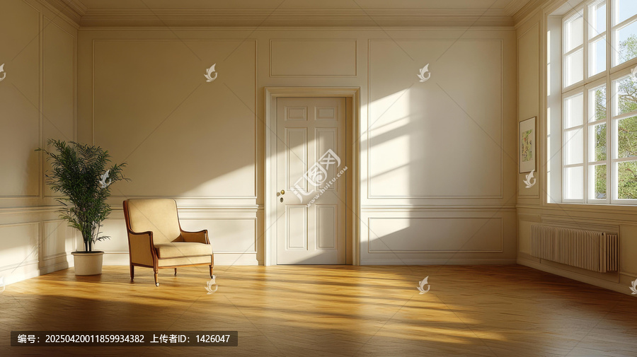 陽光灑滿的古典室內(nèi)空房間