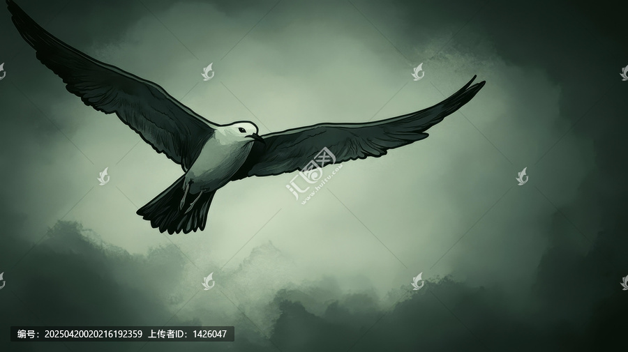 云霧繚繞中展翅高飛的海鳥