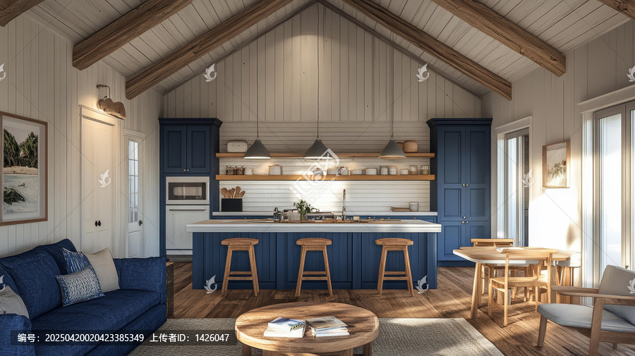 舒適的海岸小屋客廳和廚房