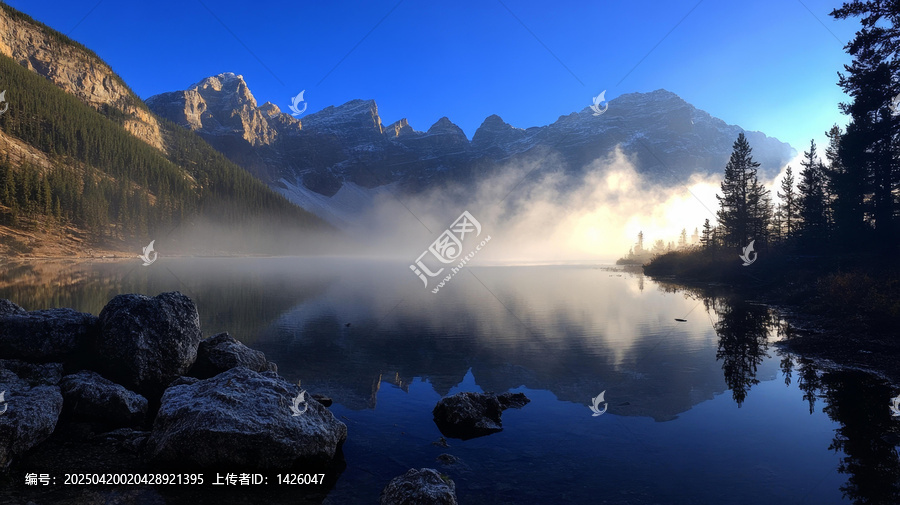 清晨霧氣中的山湖倒影