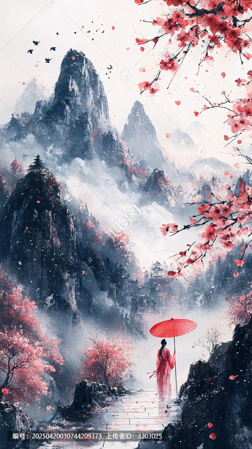 春山雪峰桃花圖