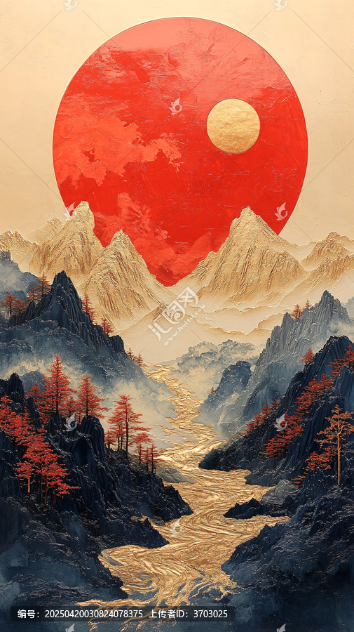 紅金山水漆畫雕塑