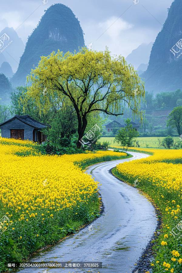 油菜花路樹遠(yuǎn)山