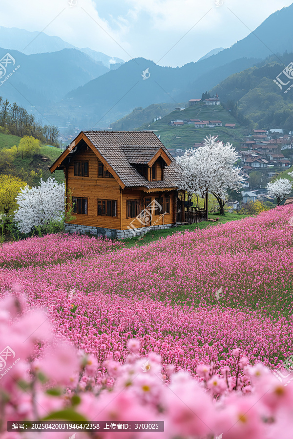 油菜花田中的房屋