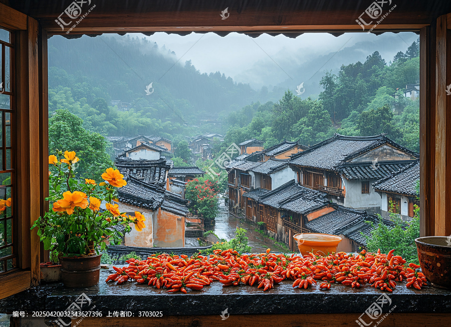 木窗石桌紅椒黃花