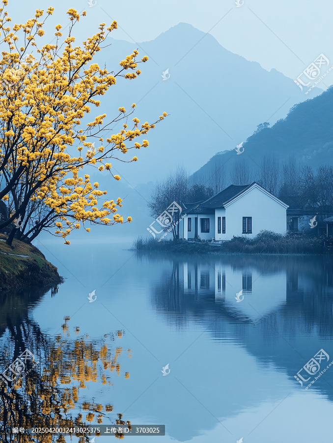 湖畔黃花樹與遠(yuǎn)山