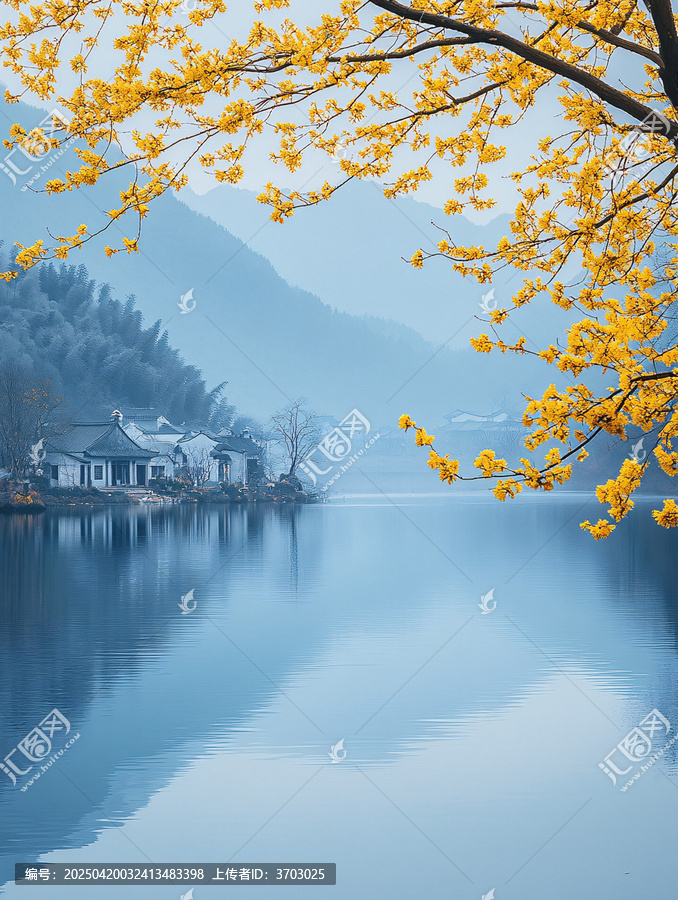 湖畔黃花樹(shù)與遠(yuǎn)山