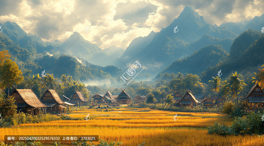 古村稻田山景