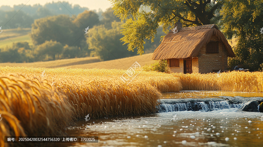 茅屋麥田溪流