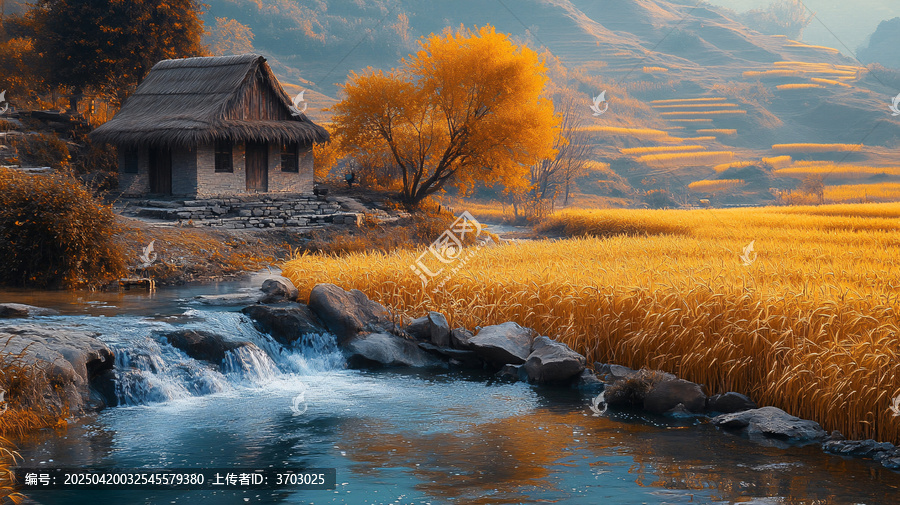 茅屋麥田溪流