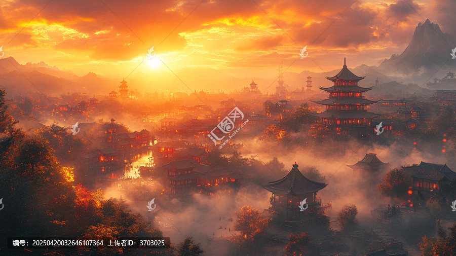 山腳村莊夕照煙