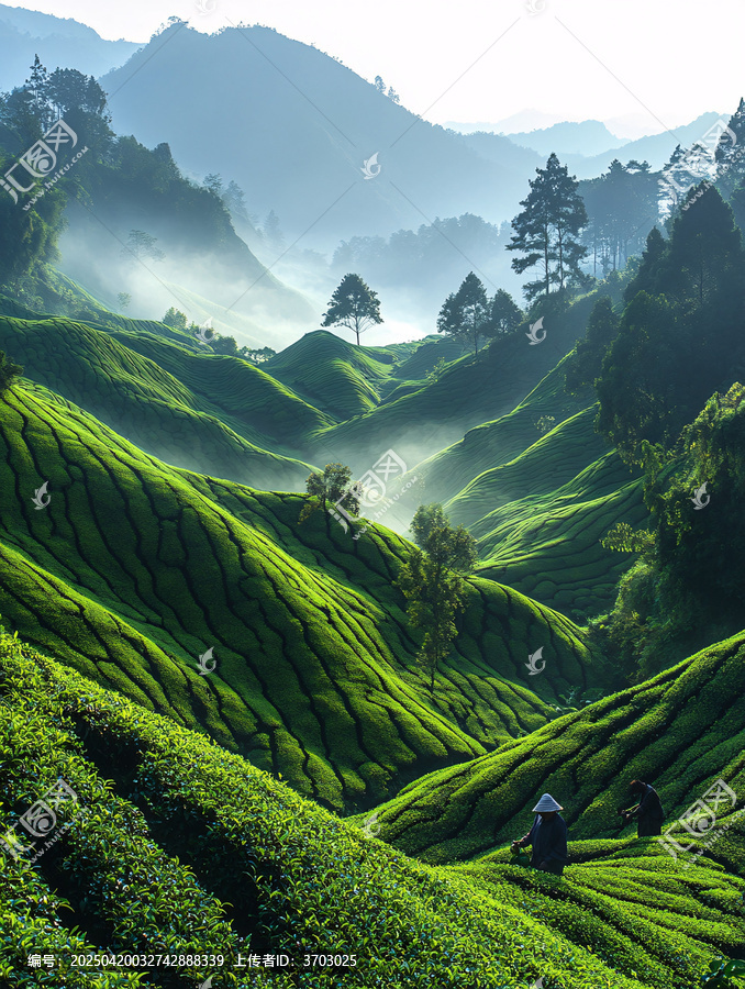茶園晨霧采茶人