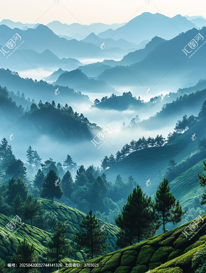 茶園晨霧采茶人