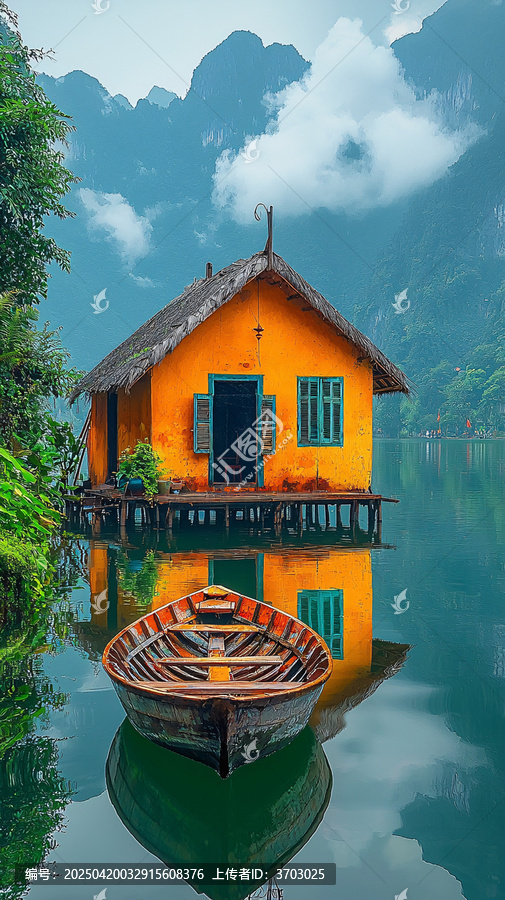 湖面船屋靜謐景