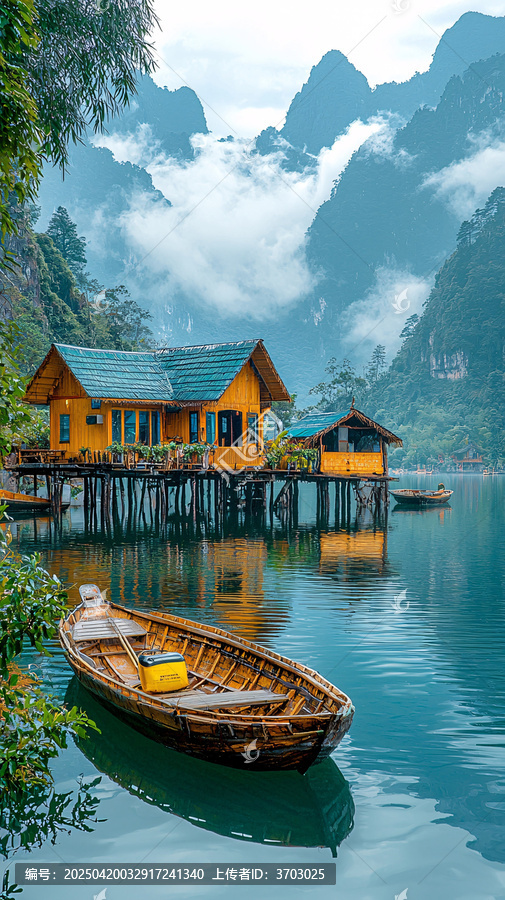 湖面船屋靜謐景