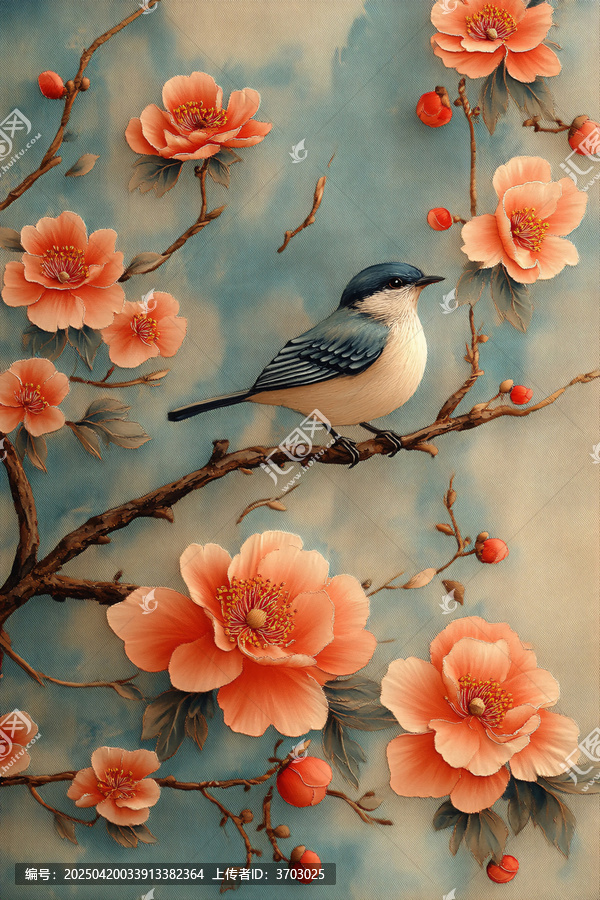 牡丹繡鳥絲綢圖
