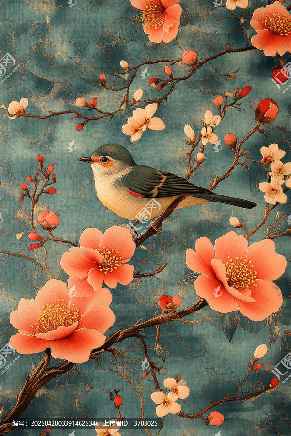 牡丹繡鳥絲綢圖