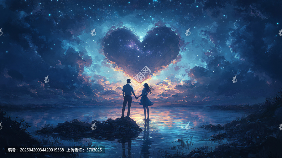 心形湖畔情侶剪影